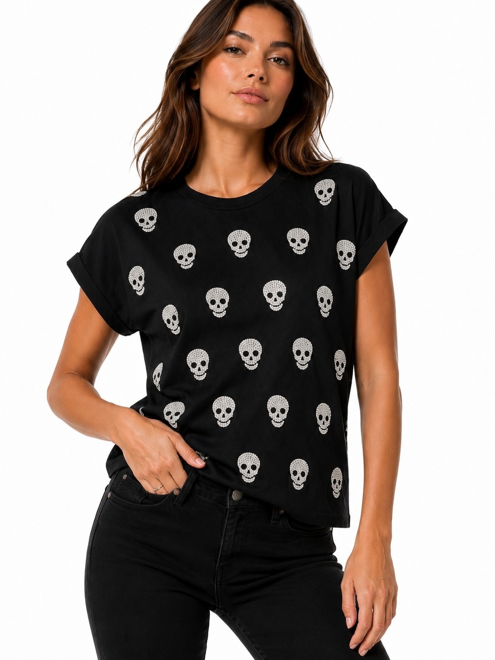 On Twelfth Black Pearl Skull Embellished Tee Medium Goth Y2K Punk Halloween chic